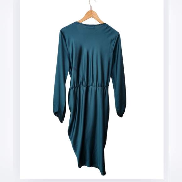 Renee C- Stretch Satin Dress with Ruched Asymmetrical Hem-Large - Picture 4 of 9